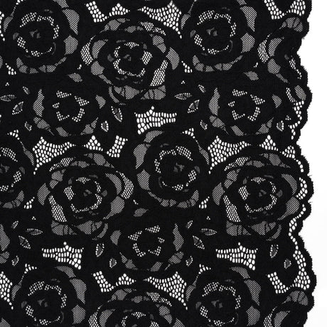 Stretch Re-Embroidered Lace with Finished Edges - Black All-Over Roses