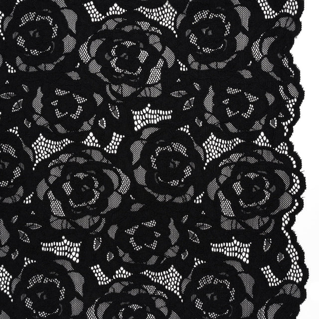 Stretch Re-Embroidered Lace with Finished Edges - Black All-Over Roses