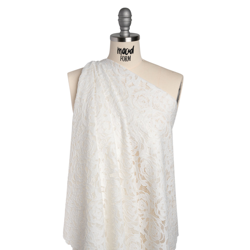 Stretch Re-Embroidered Lace with Finished Edges - Ivory All-Over Roses