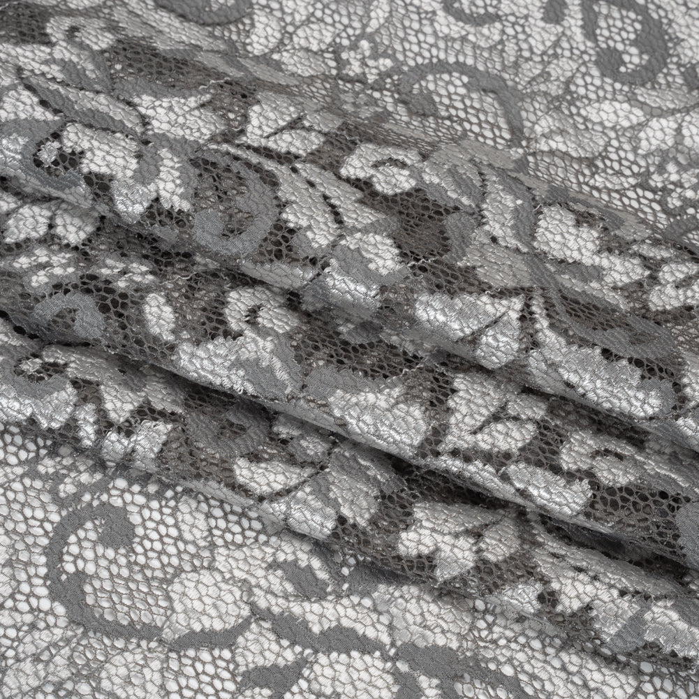 Stretch Raschel Lace with Finished Scalloped Edges - Luminous Silver and Gray Flowers, Leaves and Swirls - Crina Collection