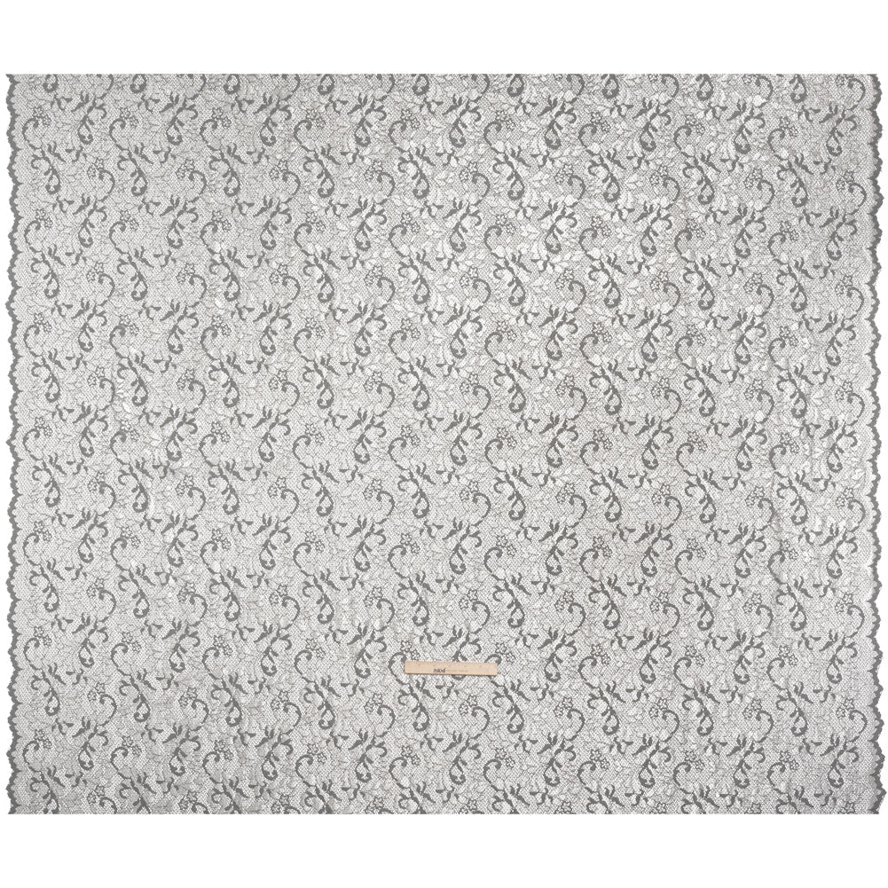 Stretch Raschel Lace with Finished Scalloped Edges - Luminous Silver and Gray Flowers, Leaves and Swirls - Crina Collection