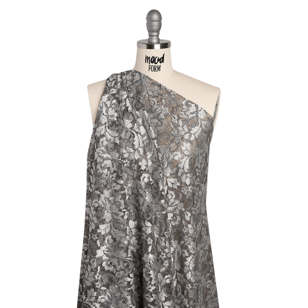 Stretch Raschel Lace with Finished Scalloped Edges - Luminous Silver and Gray Flowers, Leaves and Swirls - Crina Collection