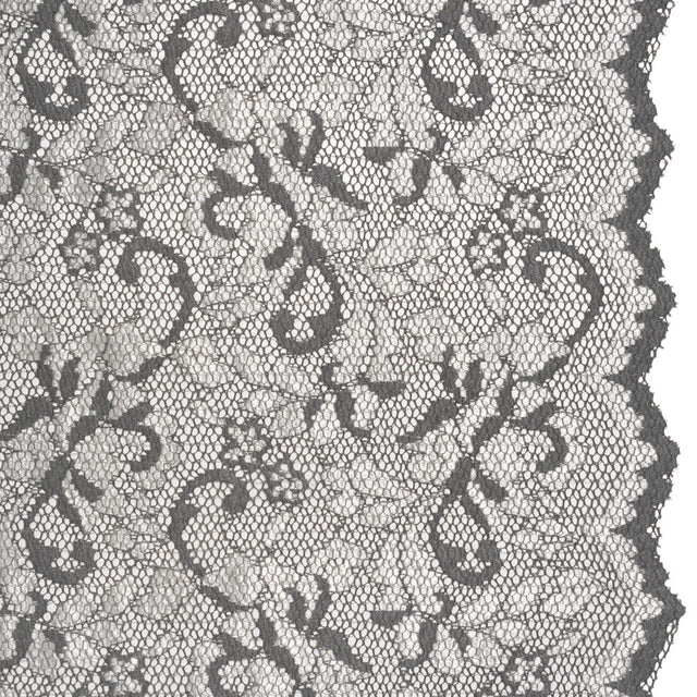 Stretch Raschel Lace with Finished Scalloped Edges - Luminous Silver and Gray Flowers, Leaves and Swirls - Crina Collection