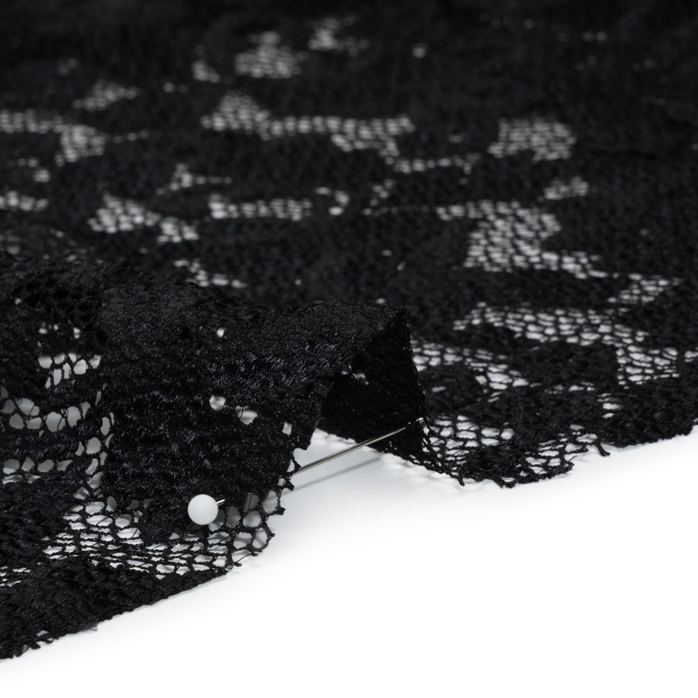 Stretch Raschel Lace with Finished Scalloped Edges - Black Flowers, Leaves and Swirls - Crina Collection
