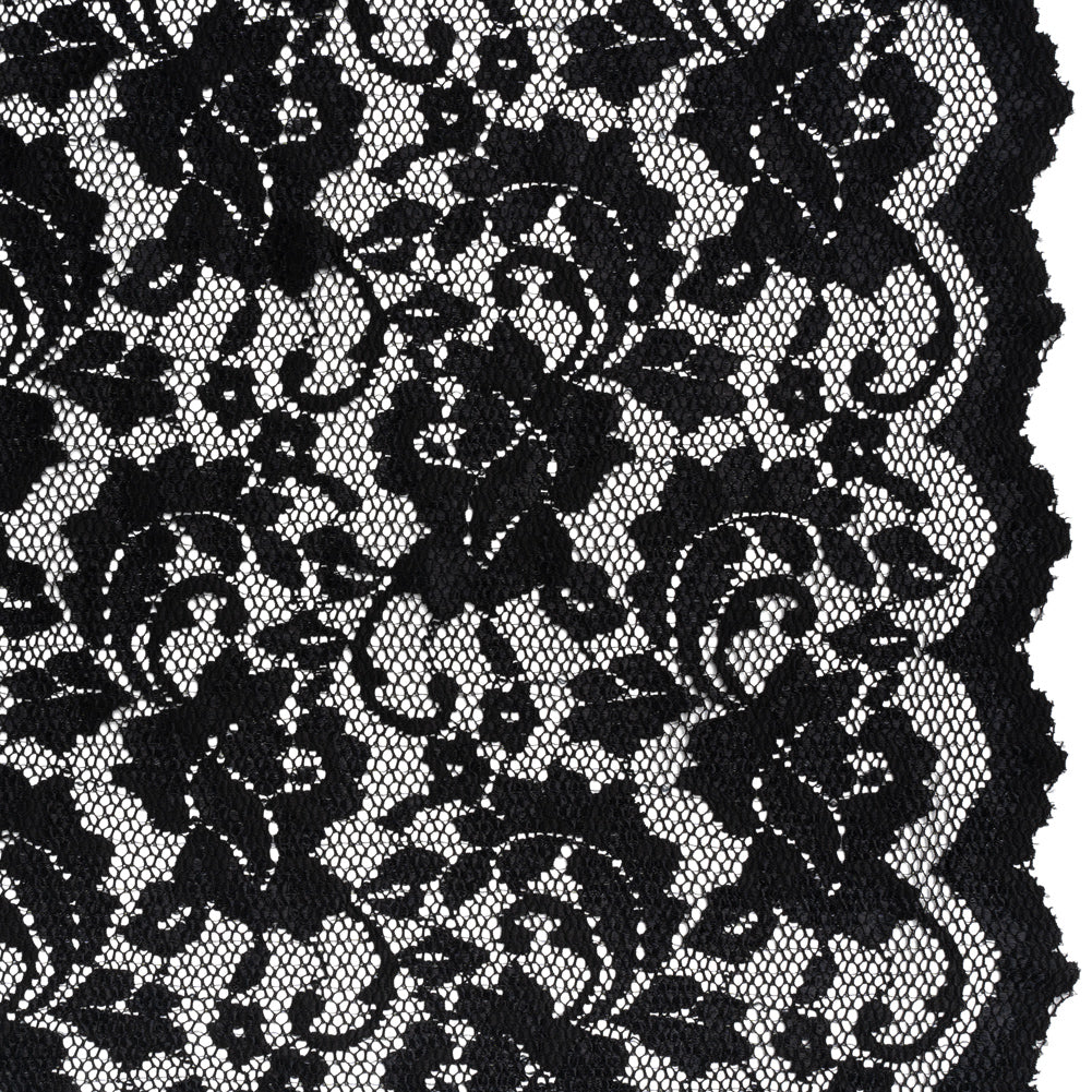 Stretch Raschel Lace with Finished Scalloped Edges - Black Flowers, Leaves and Swirls - Crina Collection