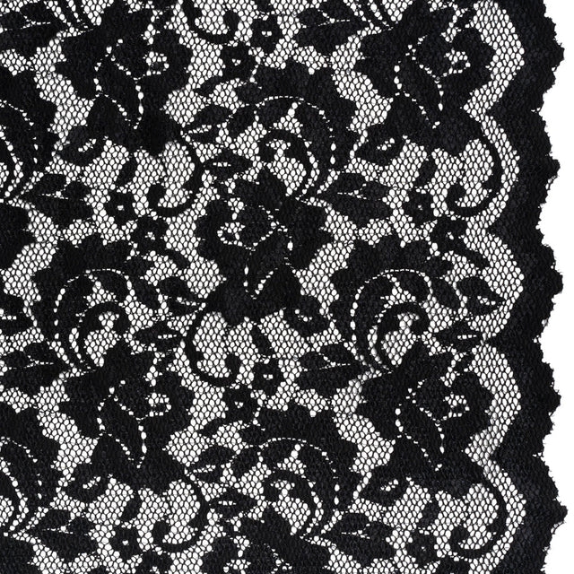 Stretch Raschel Lace with Finished Scalloped Edges - Black Flowers, Leaves and Swirls - Crina Collection