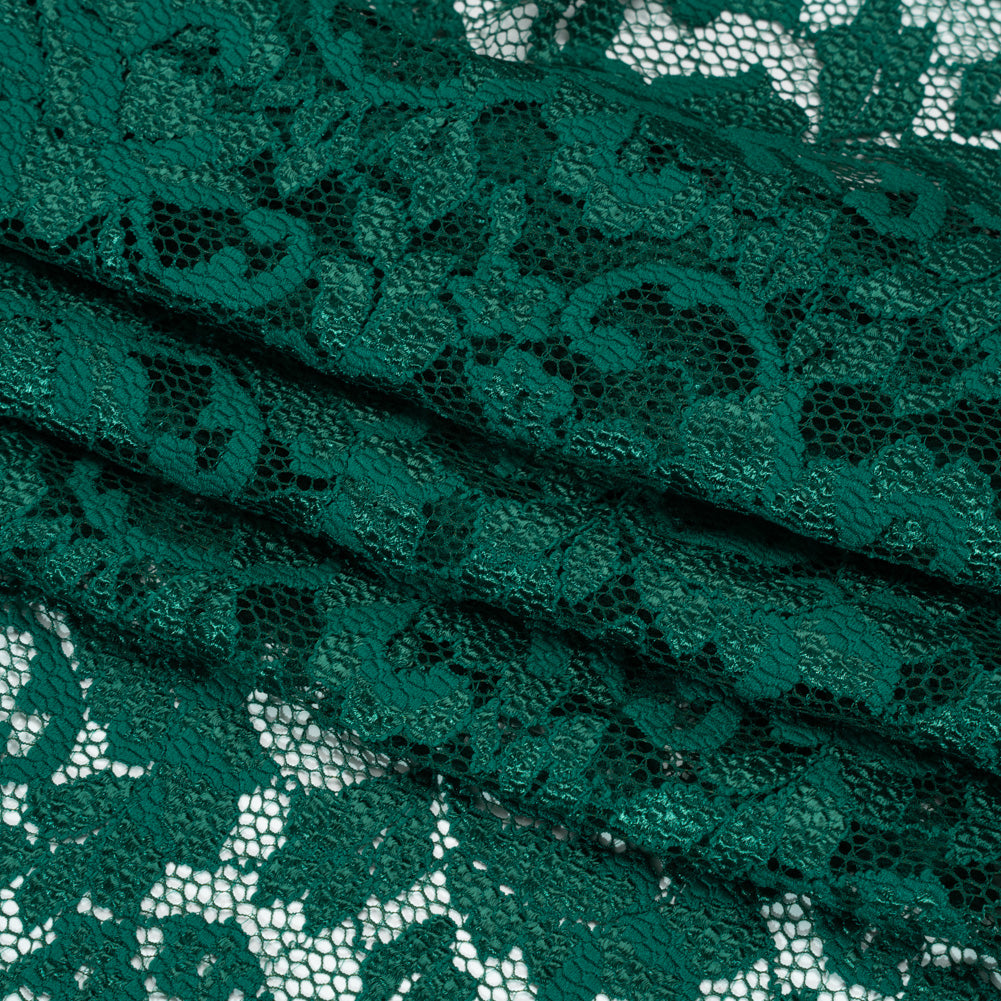 Stretch Raschel Lace with Finished Scalloped Edges - Luminous Emerald Green Flowers, Leaves and Swirls - Crina Collection