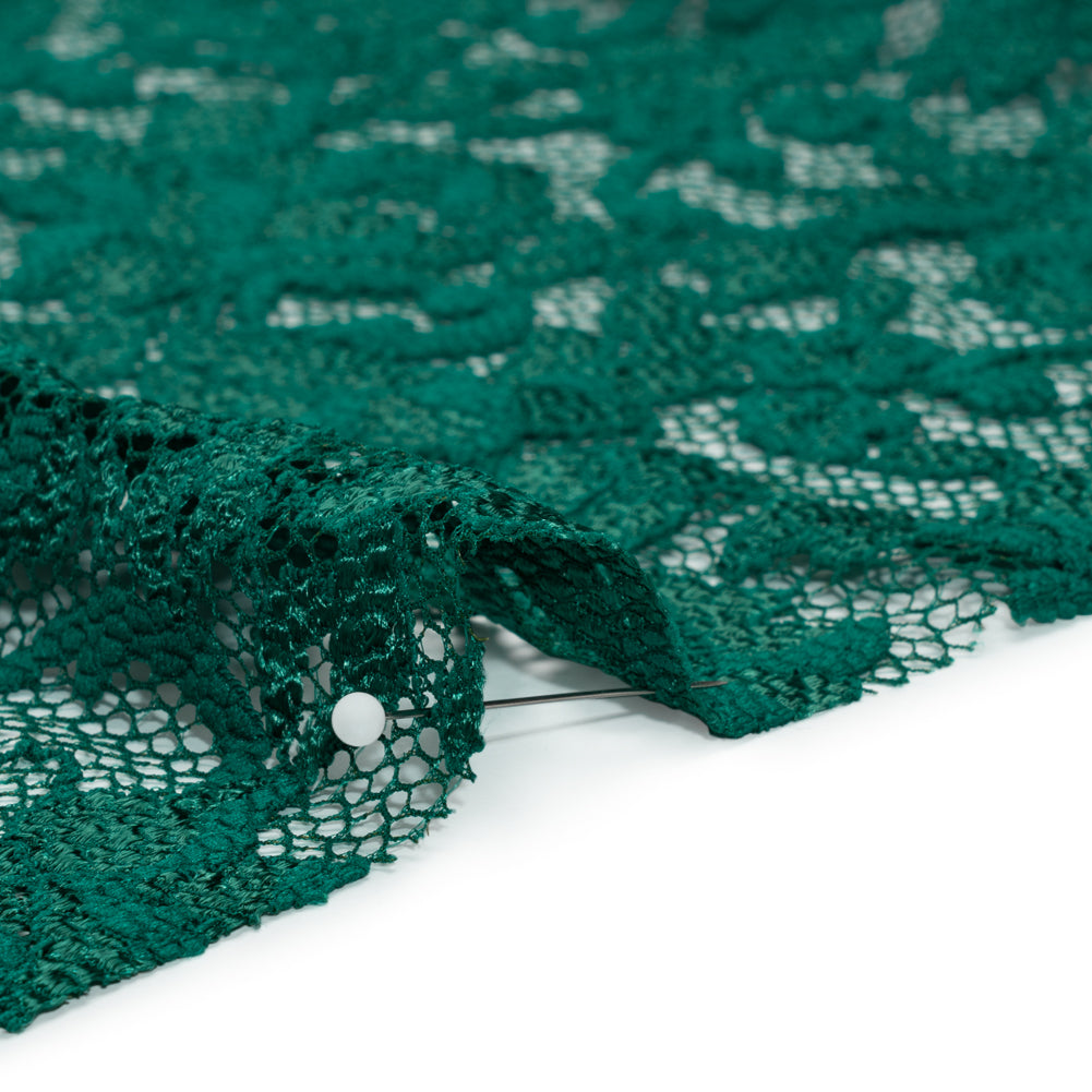 Stretch Raschel Lace with Finished Scalloped Edges - Luminous Emerald Green Flowers, Leaves and Swirls - Crina Collection