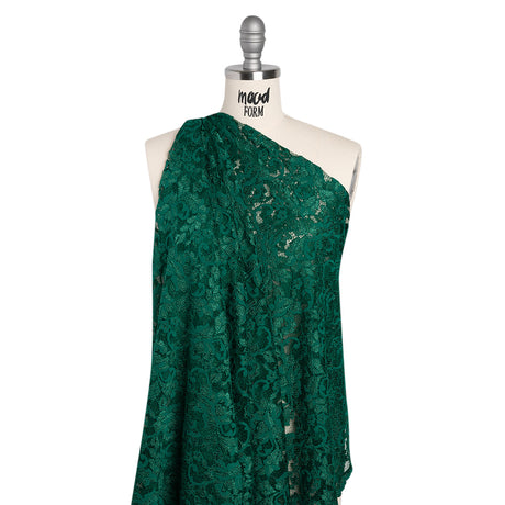 Stretch Raschel Lace with Finished Scalloped Edges - Luminous Emerald Green Flowers, Leaves and Swirls - Crina Collection