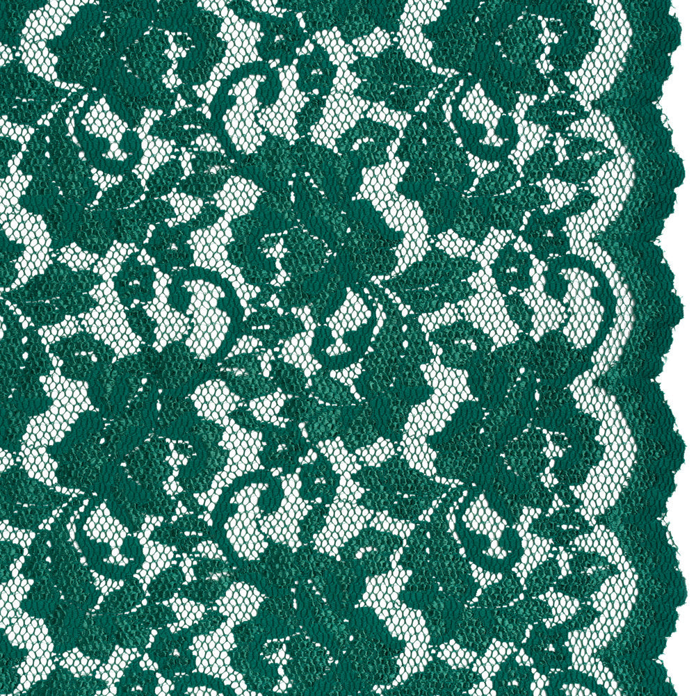 Stretch Raschel Lace with Finished Scalloped Edges - Luminous Emerald Green Flowers, Leaves and Swirls - Crina Collection