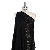 Stretch Raschel Lace with Finished Scalloped Edges - Luminous Black Flowers, Leaves and Swirls - Crina Collection