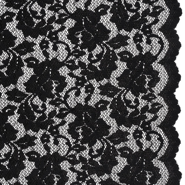 Stretch Raschel Lace with Finished Scalloped Edges - Luminous Black Flowers, Leaves and Swirls - Crina Collection