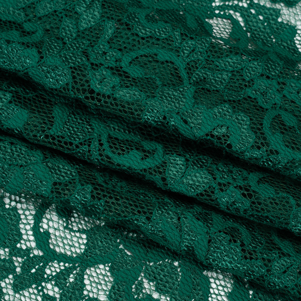 Stretch Raschel Lace with Finished Scalloped Edges - Luminous Jungle Green Flowers, Leaves and Swirls - Crina Collection