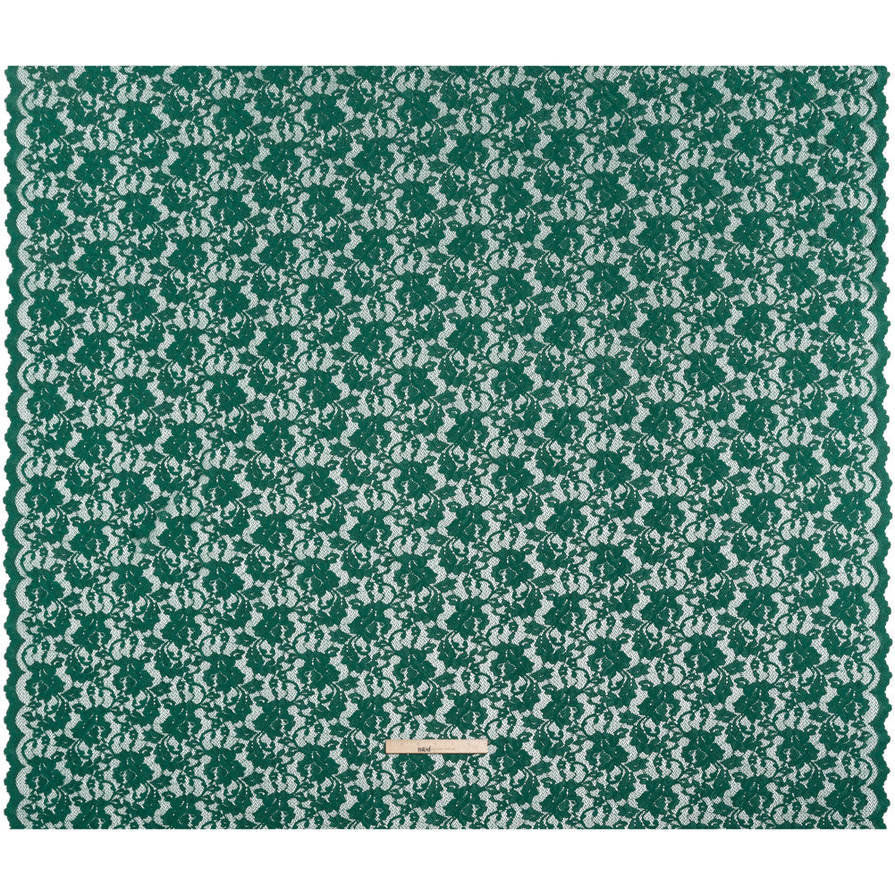Stretch Raschel Lace with Finished Scalloped Edges - Luminous Jungle Green Flowers, Leaves and Swirls - Crina Collection