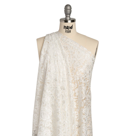 Luminous Recycled Stretch Raschel Lace with Finished Edges - Ivory Rose Blooms