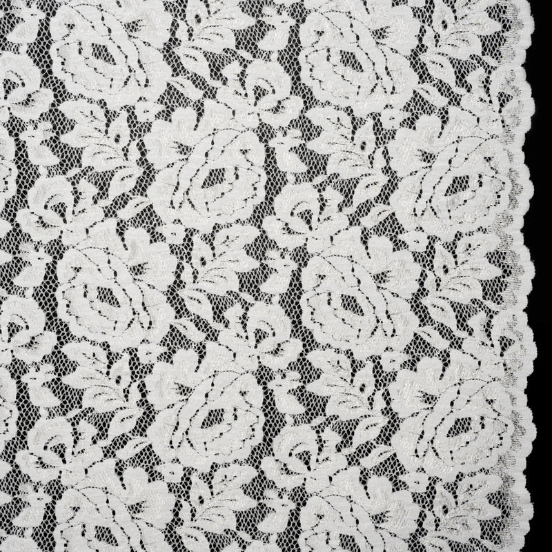 Luminous Recycled Stretch Raschel Lace with Finished Edges - Ivory Rose Blooms