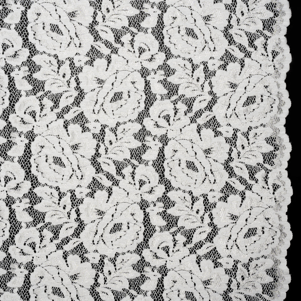 Luminous Recycled Stretch Raschel Lace with Finished Edges - Ivory Rose Blooms