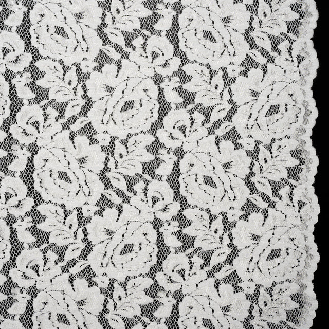 Luminous Recycled Stretch Raschel Lace with Finished Edges - Ivory Rose Blooms