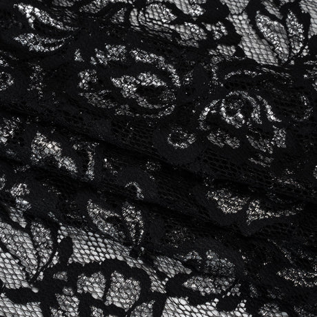 Stretch Metallic Raschel Lace with Finished Edges - Black and Silver Blooming Petals