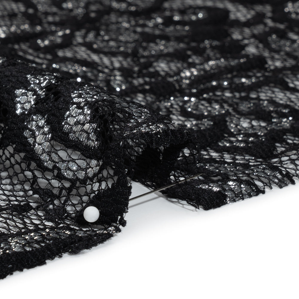 Stretch Metallic Raschel Lace with Finished Edges - Black and Silver Blooming Petals
