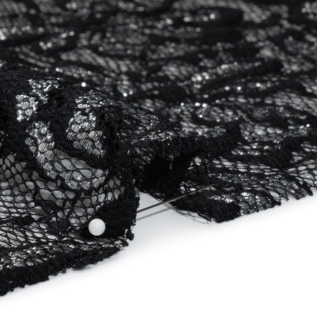 Stretch Metallic Raschel Lace with Finished Edges - Black and Silver Blooming Petals