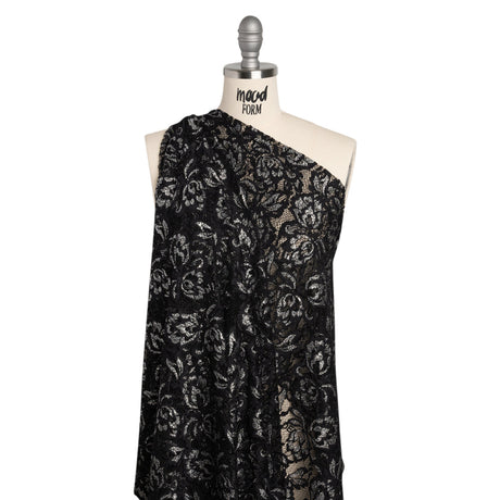 Stretch Metallic Raschel Lace with Finished Edges - Black and Silver Blooming Petals