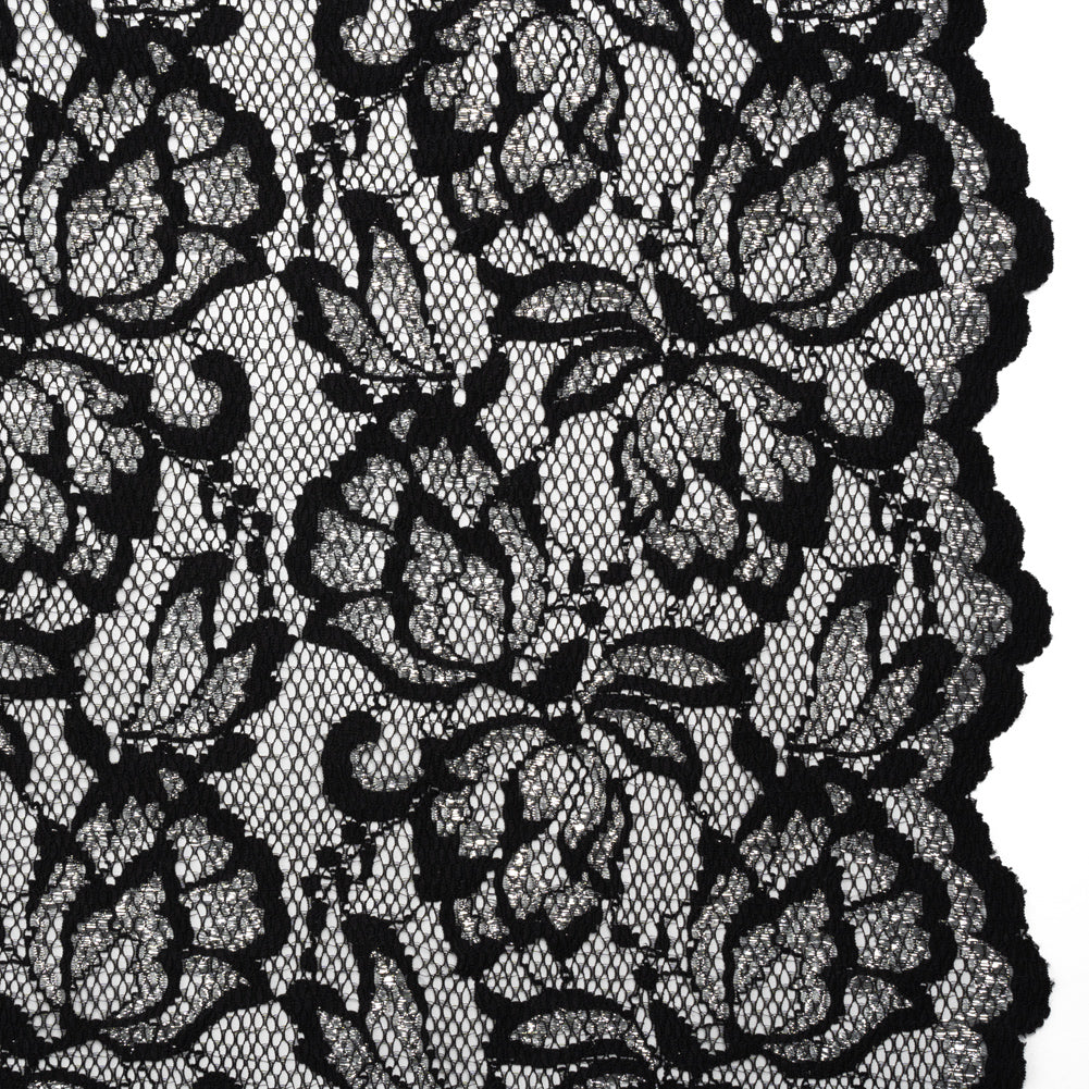 Stretch Metallic Raschel Lace with Finished Edges - Black and Silver Blooming Petals