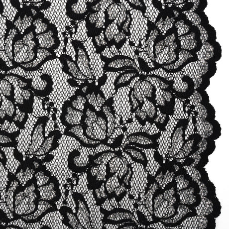 Stretch Metallic Raschel Lace with Finished Edges - Black and Silver Blooming Petals