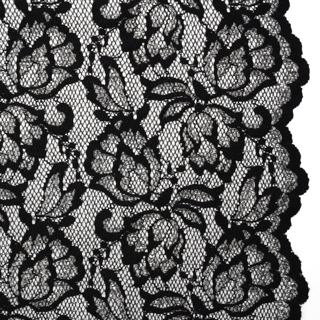 Stretch Metallic Raschel Lace with Finished Edges - Black and Silver Blooming Petals