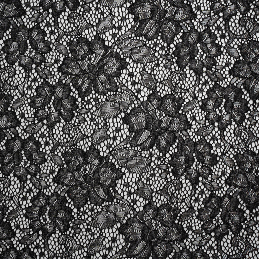 Stretch Corded Raschel Lace with All-Over Glitter - Black on Black Floral