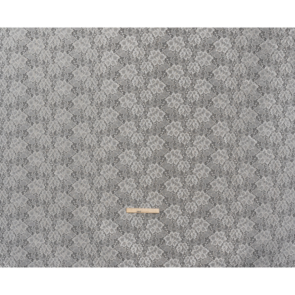 Stretch Corded Raschel Lace with All-Over Glitter - Candlelight Beige on White Floral