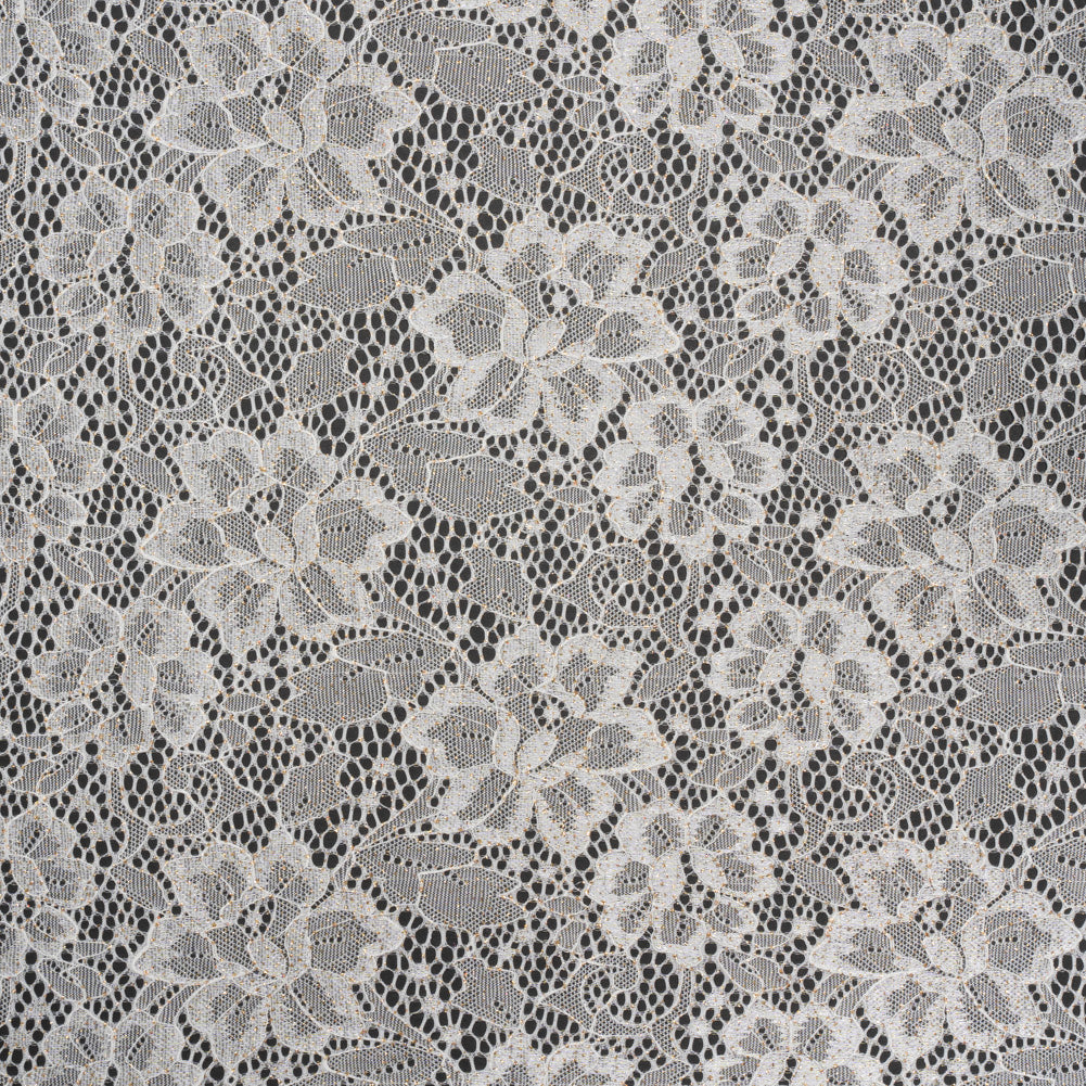 Stretch Corded Raschel Lace with All-Over Glitter - Candlelight Beige on White Floral