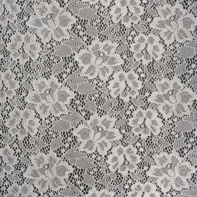 Stretch Corded Raschel Lace with All-Over Glitter - Candlelight Beige on White Floral