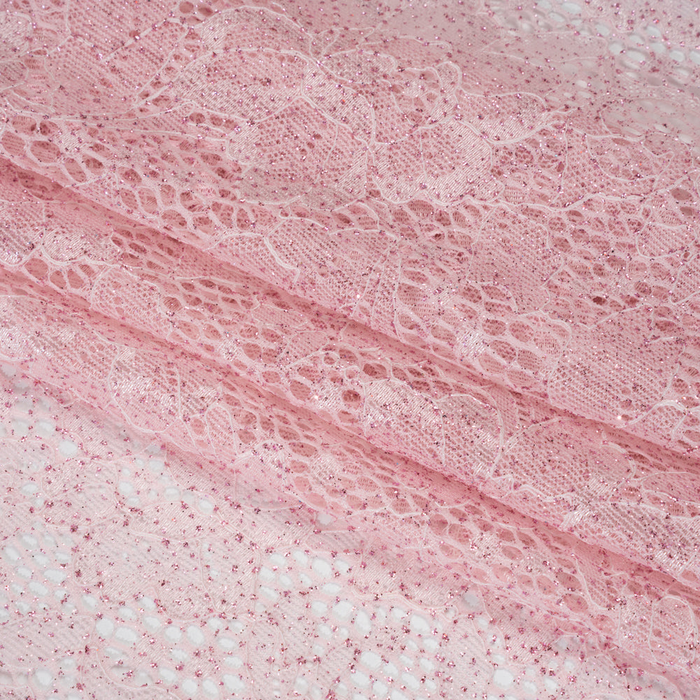 Stretch Corded Raschel Lace with All-Over Glitter - Pink on Pink Floral