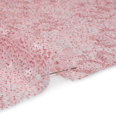 Stretch Corded Raschel Lace with All-Over Glitter - Pink on Pink Floral