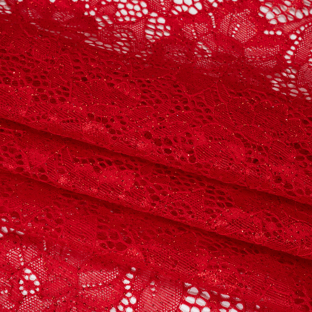 Stretch Corded Raschel Lace with All-Over Glitter - Red on Red Floral