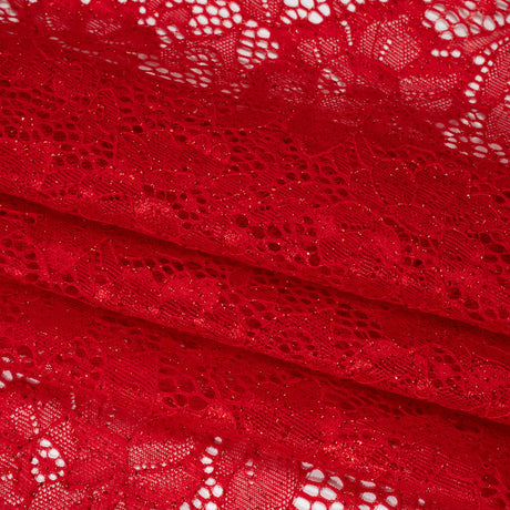 Stretch Corded Raschel Lace with All-Over Glitter - Red on Red Floral
