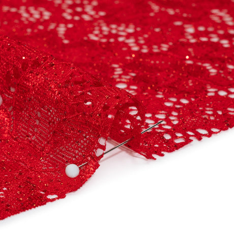 Stretch Corded Raschel Lace with All-Over Glitter - Red on Red Floral