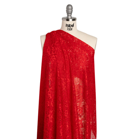 Stretch Corded Raschel Lace with All-Over Glitter - Red on Red Floral