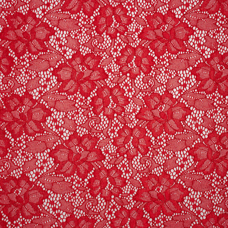 Stretch Corded Raschel Lace with All-Over Glitter - Red on Red Floral