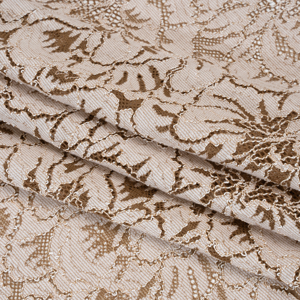 Stretch Corded Lace with Finished Edges - Cub Brown and Natural Bold Blooming Florals - Dania Collection