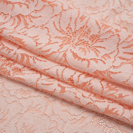 Stretch Corded Lace with Finished Edges - Salmon Pink and Natural Bold Blooming Florals - Dania Collection