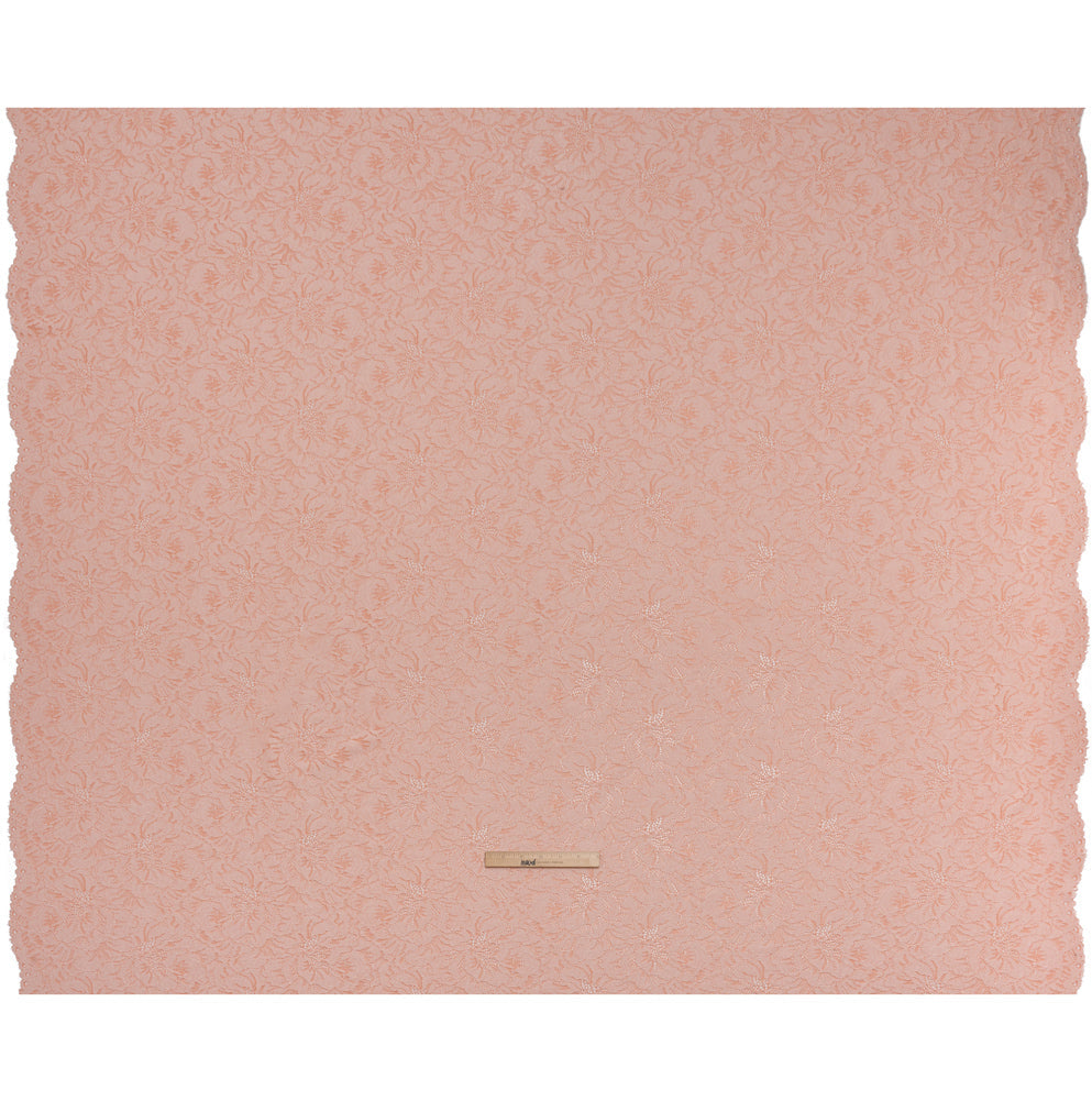 Stretch Corded Lace with Finished Edges - Salmon Pink and Natural Bold Blooming Florals - Dania Collection