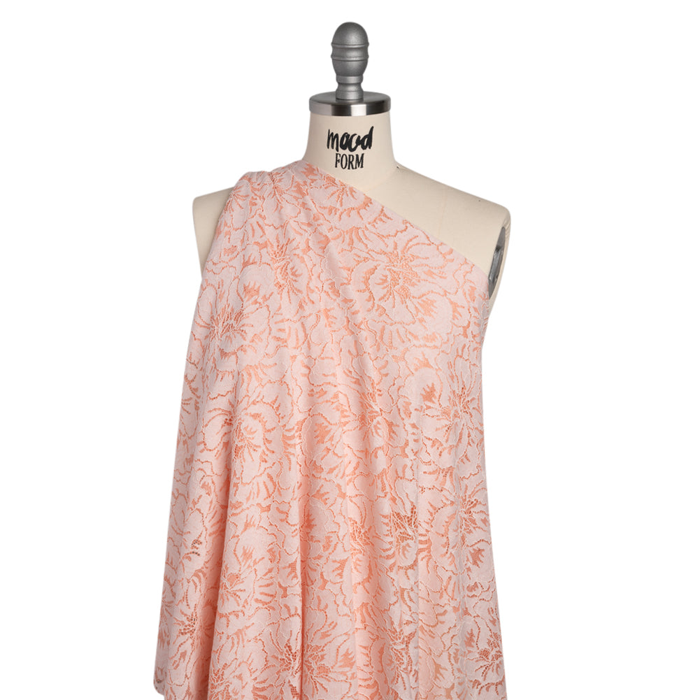 Stretch Corded Lace with Finished Edges - Salmon Pink and Natural Bold Blooming Florals - Dania Collection