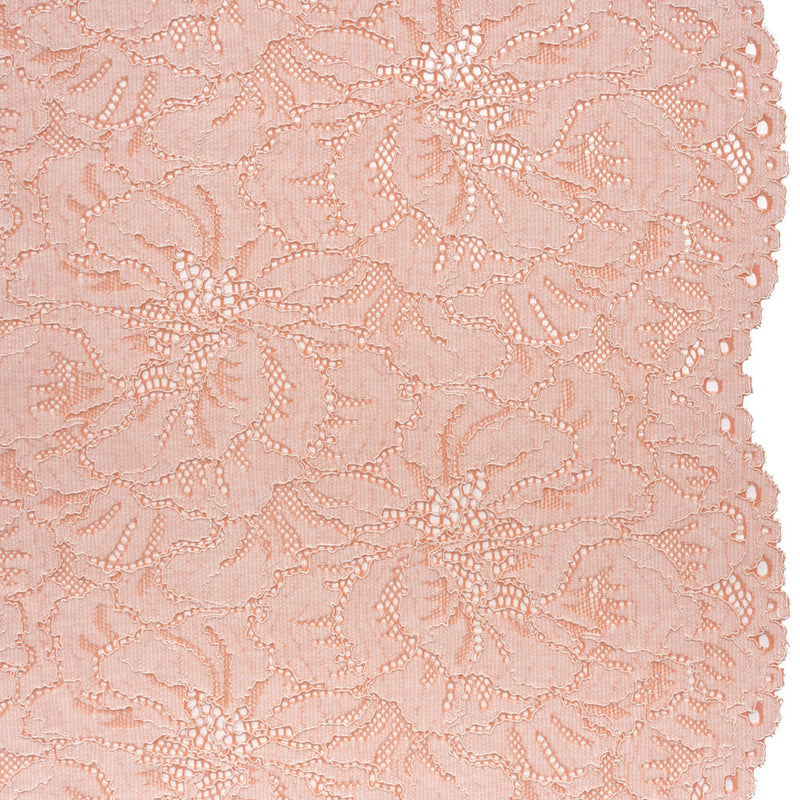 Stretch Corded Lace with Finished Edges - Salmon Pink and Natural Bold Blooming Florals - Dania Collection