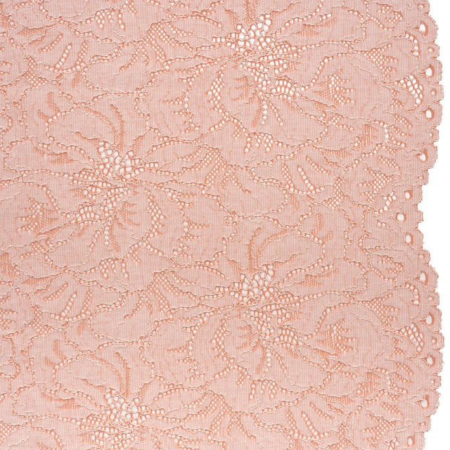 Stretch Corded Lace with Finished Edges - Salmon Pink and Natural Bold Blooming Florals - Dania Collection