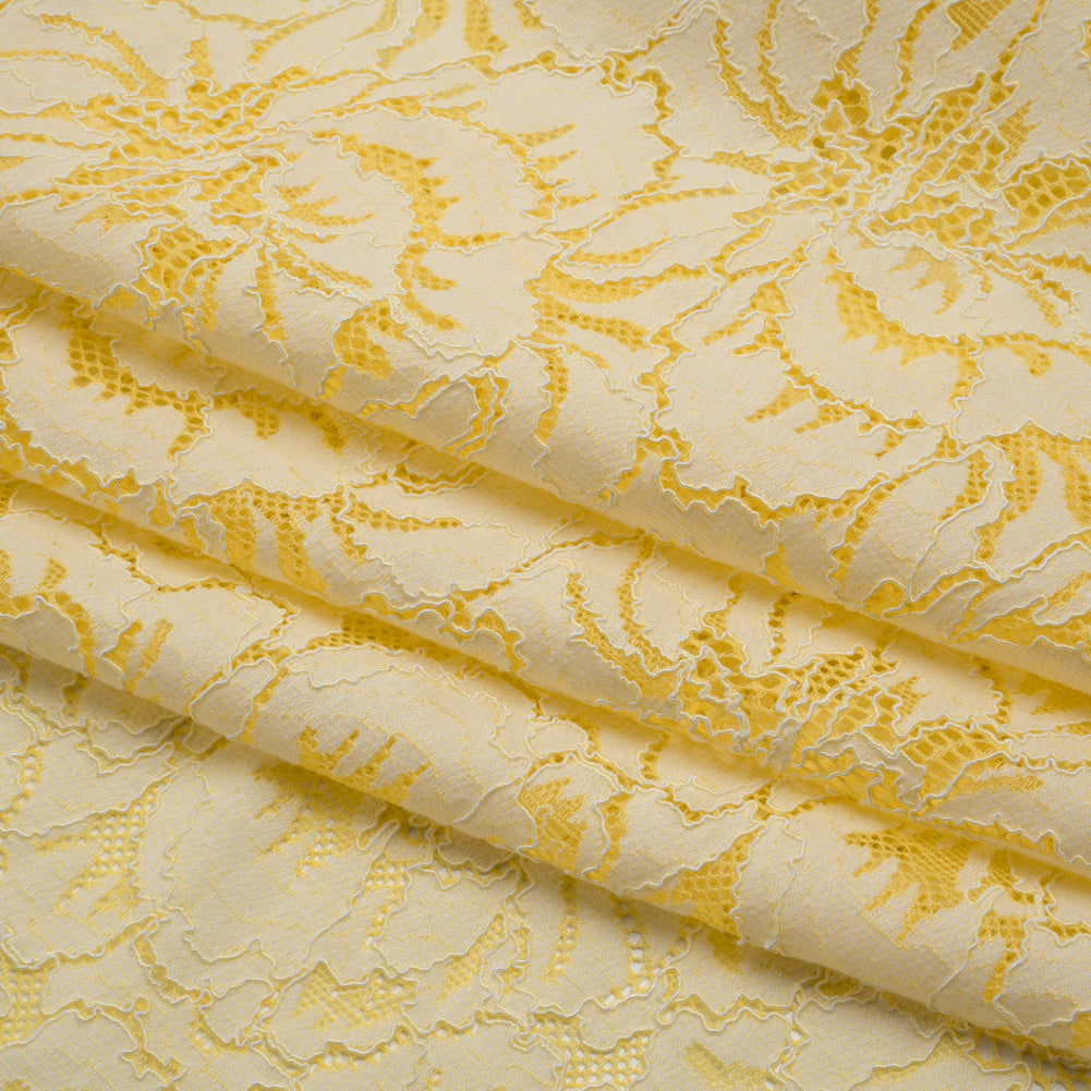 Stretch Corded Lace with Finished Edges - Acacia Yellow and Natural Bold Blooming Florals - Dania Collection