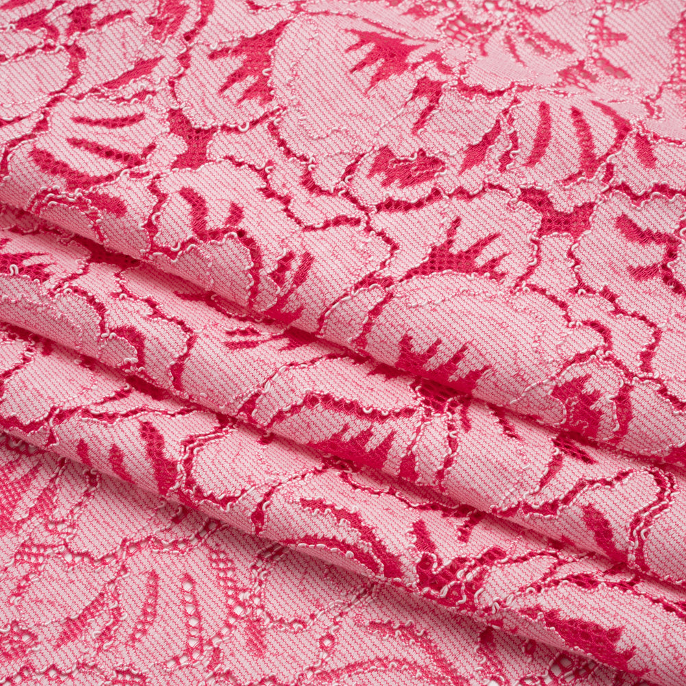 Stretch Corded Lace with Finished Edges - Raspberry Pink and Natural Bold Blooming Florals - Dania Collection