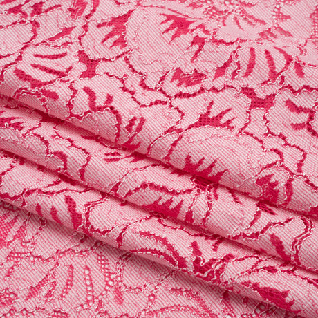 Stretch Corded Lace with Finished Edges - Raspberry Pink and Natural Bold Blooming Florals - Dania Collection