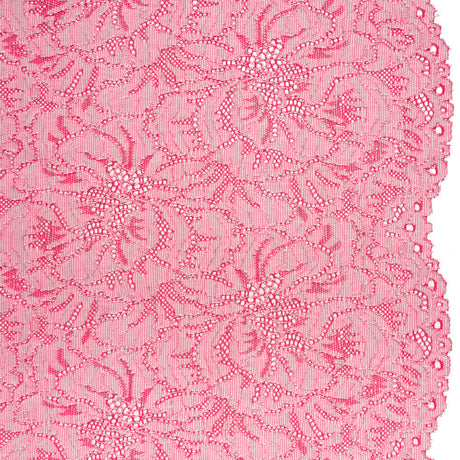 Stretch Corded Lace with Finished Edges - Raspberry Pink and Natural Bold Blooming Florals - Dania Collection